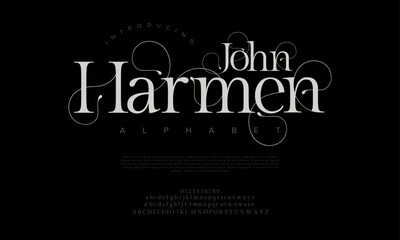Johnharmen premium luxury elegant alphabet letters and numbers. Elegant wedding typography classic serif font decorative vintage retro. Creative vector illustration