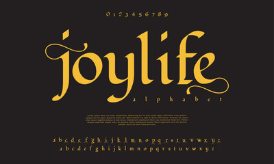Joylife premium luxury elegant alphabet letters and numbers. Elegant wedding typography classic serif font decorative vintage retro. Creative vector illustration - obrazy, fototapety, plakaty