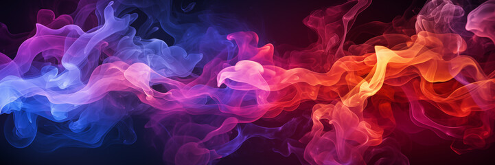 Fototapeta premium Realistic thick colorful smoke on dark background. Overlay banner image. AI generated content.