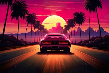 Retro wave 80s image of sports car in sunset