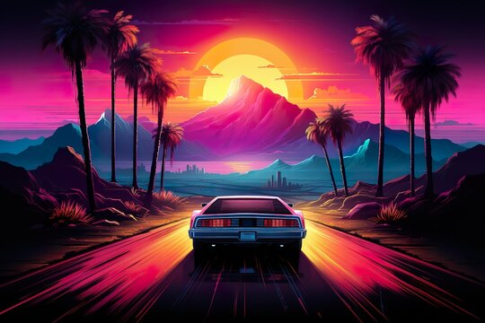 Retro wave 80s image of sports car in sunset