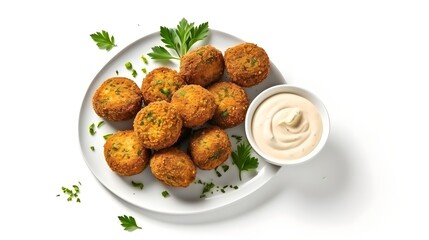 Plate of chickpeas falafel with tahini sauce isolated on white background. Top view, copy space - obrazy, fototapety, plakaty