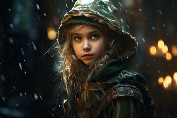 Young girl elf in winter forest, face of elven teen on snow background. Portrait of cute teenager wearing medieval costume. Concept of fantasy, character, princess, movie, beauty - obrazy, fototapety, plakaty