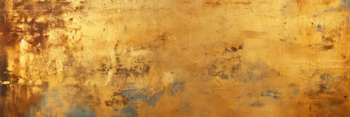 Foto op Canvas Gold paint texture background, wide banner of old yellow pattern on metal plate. Vintage rough golden surface, abstract antique artefact. Theme of ancient art, brush © karina_lo