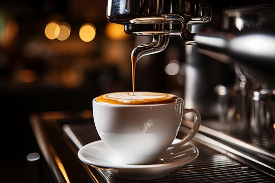 Galao Coffee Brewing. Professional Machine Close-up, White Cup Filled with Authentic Portuguese Aroma