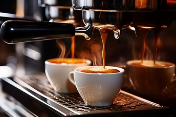 Close-Up of a Professional Coffee Machine Brewing into Two White Cups with Delicious Coffee