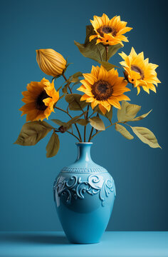 Sunflowers in a Blue Vase Against a Blue Background. Ai Generated Images.