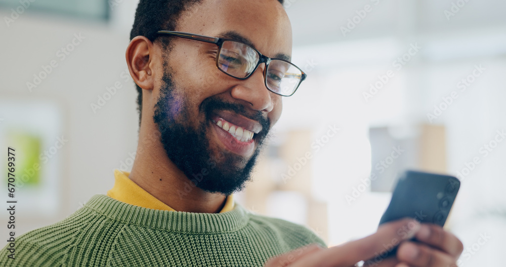 Poster happy, black man and phone text at house with smile from social media scroll and internet in a home.
