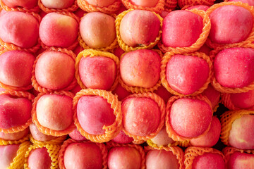 top view fresh apples on sale horizontal composition