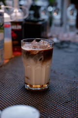delicious iced milk coffee on the table freshly brewed