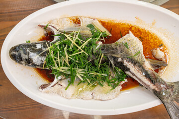 top view fresh steamed grass carp