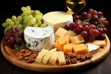 Delectable Appetizers, Artisanal Cheese Platter, Fresh Grapes, and a Glass of Crisp White Wine