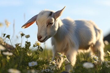 Obraz premium Beautiful Summer Morning Scene with a Delightful Young Goat Grazing Happily on a Light Meadow