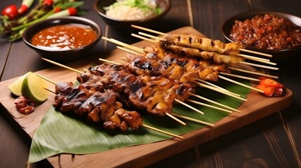 Satay , or sate in Indonesian spelling, is a Southeast Asian dish of seasoned, skewered and grilled meat, served with a sauce. The earliest preparations of satay is believed to have originated in Java - obrazy, fototapety, plakaty