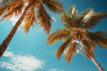 Blue sky and palm trees view from below, vintage style, tropical beach and summer background, travel concept. 