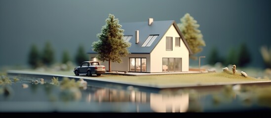 Real estate concept. House model with keys on the background of the sun