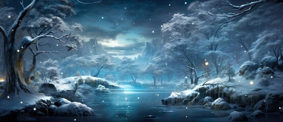 Christmas Night in Village. Snow Man, Ice Mountain, Snow Houses.Concept Art Scenery. Character Design Concept Art Book Illustration Video Game Digital Painting. CG Artwork Background.