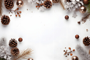 Bright Christmas frame of spruce christmas decorations on white background. Copy space. Winter holidays, New Year. generativ ai