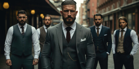 Handsome tattooed gangster man, with a beard in a luxurious suit, standing with a group of brothers