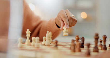 Closeup, chess and hands with person, game and expert with strategy, skills and winner. Player,...