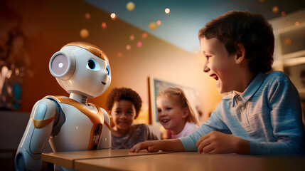Future of education: children interacting with a robot teacher, one child looking amused & excited