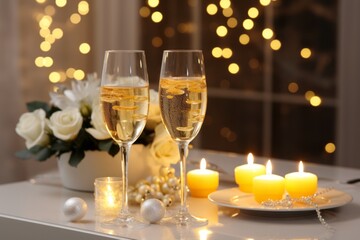Festive Christmas Celebration. Champagne Glasses, Decorations, and Candles Adorn Kitchen Table