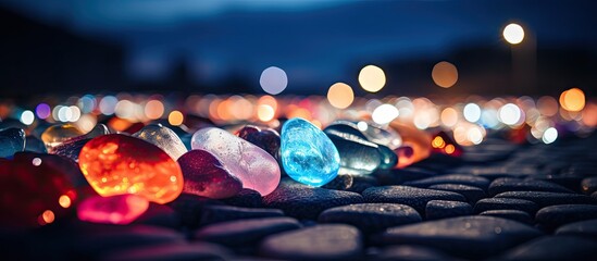 Blurry colored stones light in the background of a city street at night used as a design element for book covers social networks web design and announcements