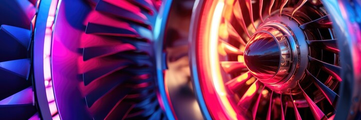 Banner of advanced engineering on jet engine turbines lit with orange lights