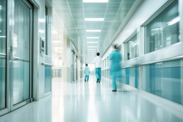 Fototapeta na wymiar A Group of Medical Professionals Making Their Way Through a Well-Lit Hospital Corridor