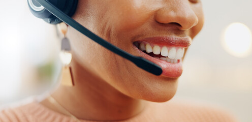 Call center headset, mouth or business person conversation on telemarketing, consultation or technical support. Help desk closeup, administration receptionist and agent consulting on lead generation