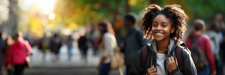 Fototapeta premium Banner of young black student, smiling walking into university