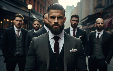 Handsome tattooed gangster man, with a beard in a luxurious suit, standing with a group of brothers - obrazy, fototapety, plakaty