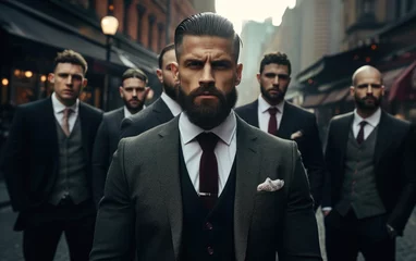Fotobehang Handsome tattooed gangster man, with a beard in a luxurious suit, standing with a group of brothers © piai