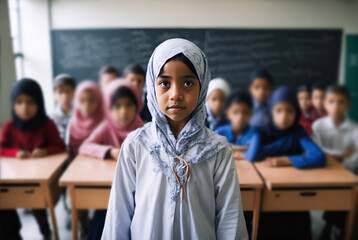 Elementary school student stands in front of the class with fellow pupils in the background. Portrait of an islamic girl with classmates in the background - obrazy, fototapety, plakaty