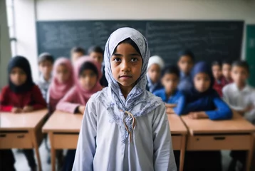 Foto op Canvas Elementary school student stands in front of the class with fellow pupils in the background. Portrait of an islamic girl with classmates in the background © Gaston