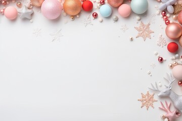 a colorful christmas border with gifts, christmas leaf, candy, snow flake, deer, little lamps decoration, soft pastel background for flat lay, generative ai