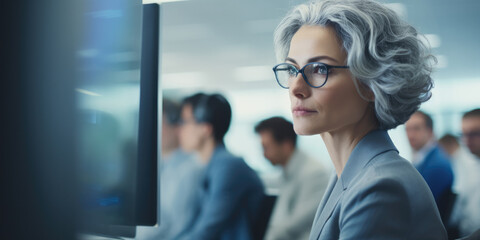 Grey-haired older woman with glasses, working in busy office environment
