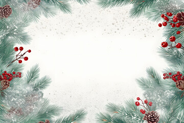 Christmas holiday background with copy space for text. Flat lay, top view. Decorative frame of fir branches and holly berries. Paper notice sheet generativ ai