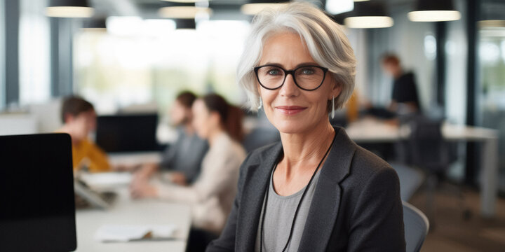 Grey-haired older woman with glasses, working in busy office environment