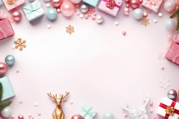 Fototapeta na wymiar a colorful christmas border with gifts, christmas leaf, candy, snow flake, deer, little lamps decoration, soft pastel background for flat lay, generative ai