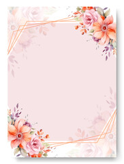 Floral wedding invitation card template design, peach anemone flowers with pink rose on white, pastel vintage theme