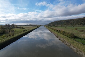 aerial panorama landscape view of Vah river channel close to Nove mesto nad Vahom,Slovakia,Europe