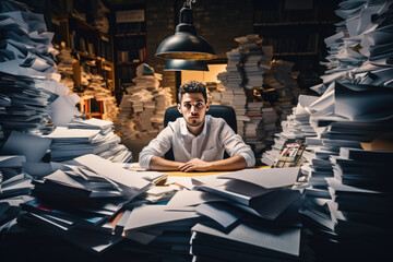 Young student, looking stressed, surrounded by piles of paperwork and University assignments - obrazy, fototapety, plakaty