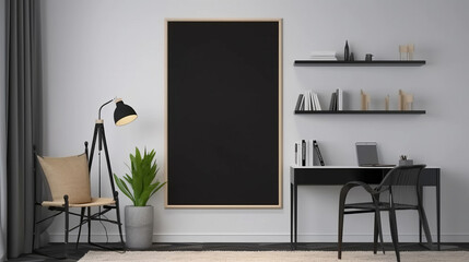 Mockup poster frame in modern home office interior background, 3d render. Decor concept. Real estate concept. Art concept.