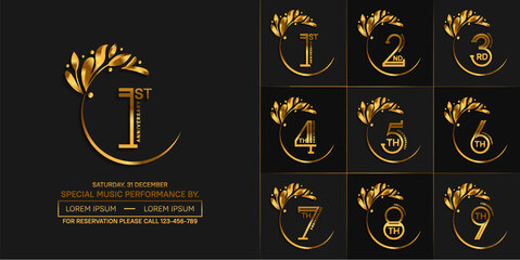 set of anniversary logotype golden color with swoosh and ornament for special celebration event - obrazy, fototapety, plakaty