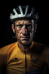 Obraz premium Professional cyclist racer after long road, race, wearing helmets and team lycra