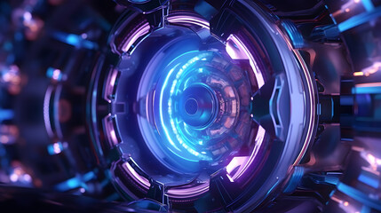 Abstract matte glass shape, super hyper zoom, high tech ultra sci fi scene, violet to blue color, dark background - obrazy, fototapety, plakaty