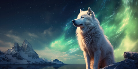 White wolf at night under the Aurora borealis. 