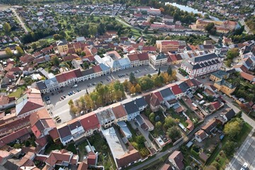 Polna historical city center of Bohemian town with square,column and cathedral and Polna castle,aerial panorama landscape view,Czech republic,Europe