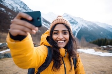 Social Media influencer Young hiker woman taking selfie video portrait on the top of mountain - obrazy, fototapety, plakaty